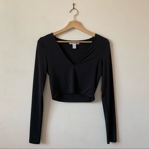 Black Silky Long Sleeve V-Neck Crop Top